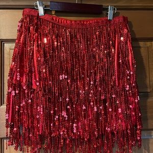 Red fringed sequin layered mini skirt! So fun & holiday ready!